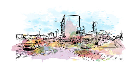 Building view with landmark of Niagara Falls is the 
city in Canada. Watercolor splash with hand drawn sketch illustration in vector.のイラスト素材