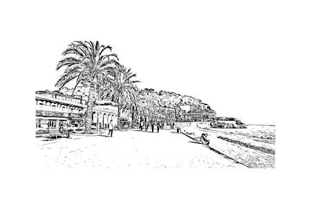 Building view with landmark of Nice is the 
city in France. Hand drawn sketch illustration in vector.のイラスト素材