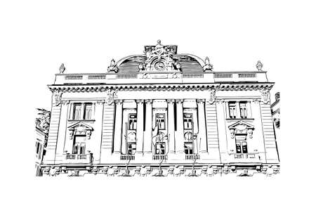 Building view with landmark of Nice is the 
city in France. Hand drawn sketch illustration in vector.のイラスト素材