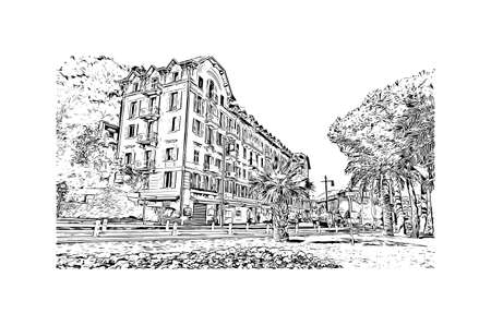 Building view with landmark of Nice is the 
city in France. Hand drawn sketch illustration in vector.のイラスト素材