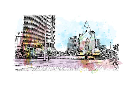 Building view with landmark of Nha Trang is the 
city in Vietnam. Watercolor splash with hand drawn sketch illustration in vector.のイラスト素材