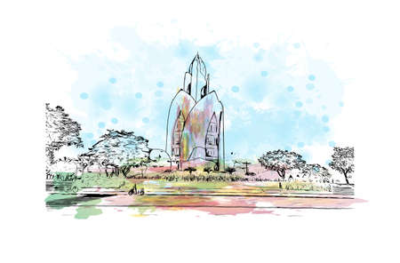 Building view with landmark of Nha Trang is the 
city in Vietnam. Watercolor splash with hand drawn sketch illustration in vector.のイラスト素材