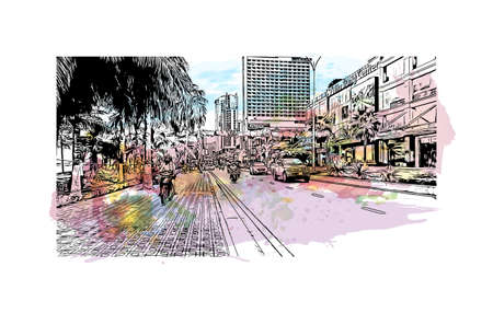 Building view with landmark of Nha Trang is the 
city in Vietnam. Watercolor splash with hand drawn sketch illustration in vector.のイラスト素材