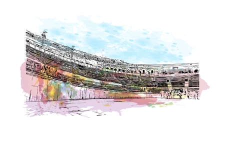Building view with landmark of Nimes is the 
commune in France. Watercolor splash with hand drawn sketch illustration in vector.のイラスト素材
