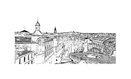Building view with landmark of Nimes is the 
commune in France. Hand drawn sketch illustration in vector.のイラスト素材