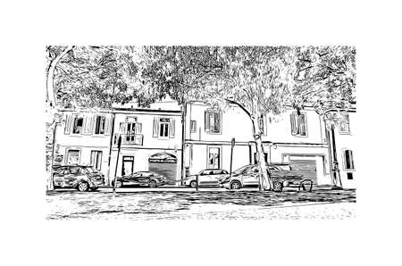 Building view with landmark of Nimes is the 
commune in France. Hand drawn sketch illustration in vector.のイラスト素材