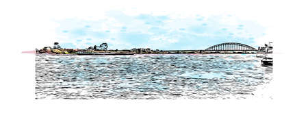 Building view with landmark of Nijmegen is the 
municipality in Netherlands. Watercolor splash with hand drawn sketch illustration in vector.のイラスト素材