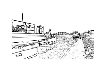 Building view with landmark of Nijmegen is the 
municipality in Netherlands. Hand drawn sketch illustration in vectorのイラスト素材