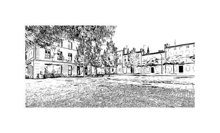 Building view with landmark of Niort is the 
commune in France. Hand drawn sketch illustration in vector.のイラスト素材