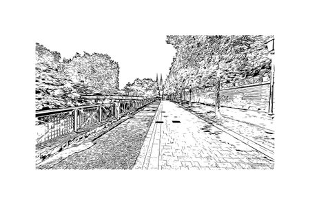 Building view with landmark of Niort is the 
commune in France. Hand drawn sketch illustration in vectorのイラスト素材