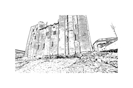 Building view with landmark of Niort is the 
commune in France. Hand drawn sketch illustration in vectorのイラスト素材