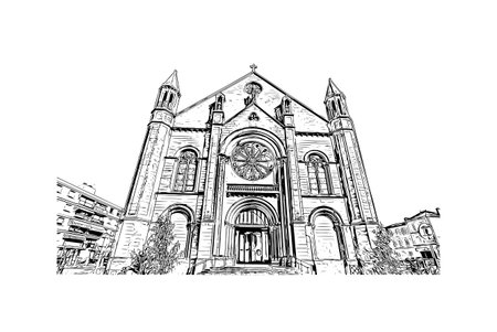 Building view with landmark of Niort is the 
commune in France. Hand drawn sketch illustration in vectorのイラスト素材