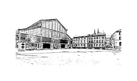 Building view with landmark of Niort is the 
commune in France. Hand drawn sketch illustration in vectorのイラスト素材