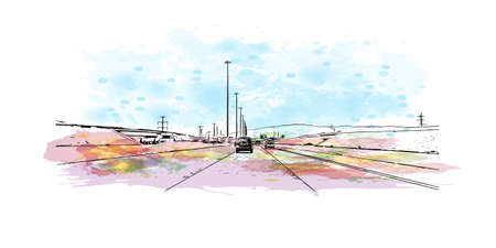 Building view with landmark of North Las Vegas is the 
city in Nevada. Watercolor splash with hand...