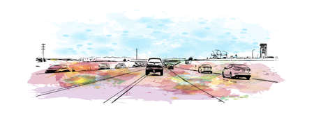 Building view with landmark of North Las Vegas is the 
city in Nevada. Watercolor splash with hand...