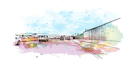 Building view with landmark of North Las Vegas is the 
city in Nevada. Watercolor splash with hand...