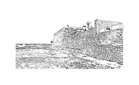 Building view with landmark of Novigrad is a free city within Redania. Hand drawn sketch illustration in vector.のイラスト素材