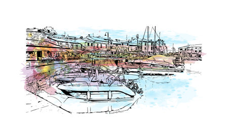 Building view with landmark of Novigrad is a free city within Redania. Watercolor splash with hand drawn sketch illustration in vector.のイラスト素材