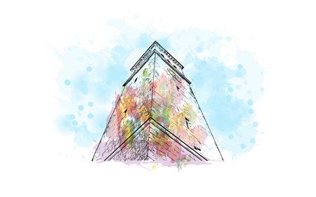 Building view with landmark of Novigrad is a free city within Redania. Watercolor splash with hand drawn sketch illustration in vector.のイラスト素材