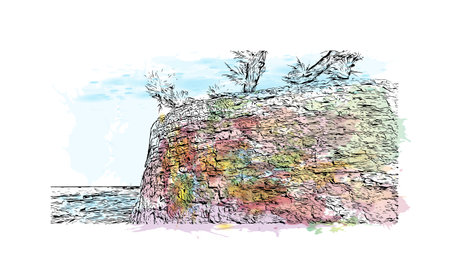 Building view with landmark of Novigrad is a free city within Redania. Watercolor splash with hand drawn sketch illustration in vector.のイラスト素材