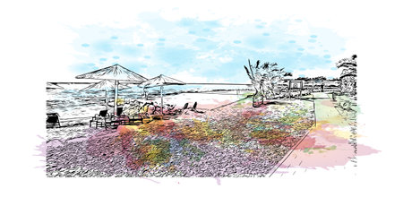 Building view with landmark of Novigrad is a free city within Redania. Watercolor splash with hand drawn sketch illustration in vector.のイラスト素材