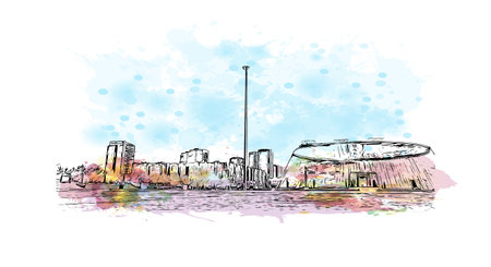 Building view with landmark of Nur Sultan is the 
capital of Kazakhstan. Watercolor splash with hand drawn sketch illustration in vector.のイラスト素材