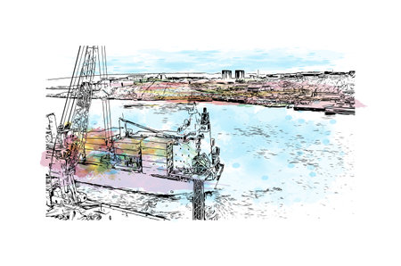 Building view with landmark of Nuuk is the 
capital of Greenland. Watercolor splash with hand drawn sketch illustration in vector.のイラスト素材