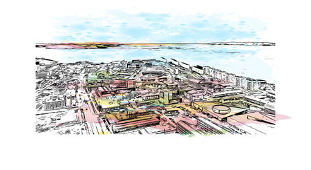 Building view with landmark of Nuuk is the 
capital of Greenland. Watercolor splash with hand drawn sketch illustration in vector.のイラスト素材