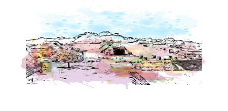 Building view with landmark of Oaxaca is the 
city in Mexico. Watercolor splash with hand drawn sketch illustration in vector.のイラスト素材