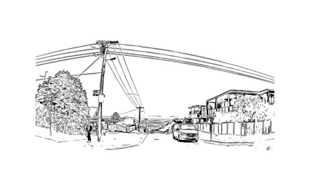 Building view with landmark of Ocean Grove is the 
town in Australia. Hand drawn sketch illustration in vectorのイラスト素材