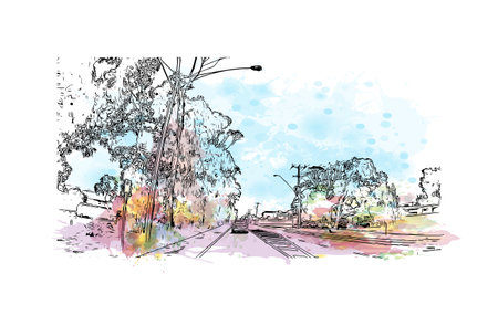 Building view with landmark of Ocean Grove is the 
town in Australia. Watercolor splash with hand drawn sketch illustration in vector.のイラスト素材