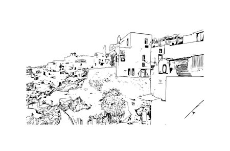 Building view with landmark of Oia is the 
village in Greece. Hand drawn sketch illustration in vector.のイラスト素材