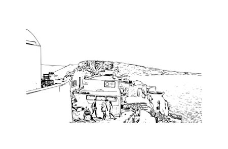 Building view with landmark of Oia is the 
village in Greece. Hand drawn sketch illustration in vector.のイラスト素材