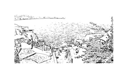 Building view with landmark of Oia is the 
village in Greece. Hand drawn sketch illustration in vector.のイラスト素材
