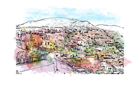 Building view with landmark of Oia is the 
village in Greece. Watercolor splash with hand drawn sketch illustration in vector.のイラスト素材