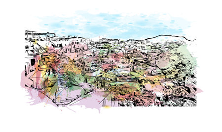 Building view with landmark of Oia is the 
village in Greece. Watercolor splash with hand drawn sketch illustration in vector.のイラスト素材