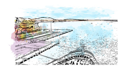Building view with landmark of Olbia is the 
city in Italy. Watercolor splash with hand drawn sketch illustration in vector.のイラスト素材