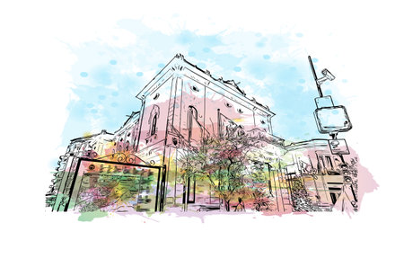 Building view with landmark of Olbia is the 
city in Italy. Watercolor splash with hand drawn sketch illustration in vector.のイラスト素材