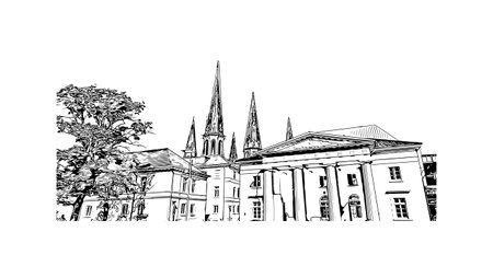 Building view with landmark of Oldenburg is a city in northwest Germany. Hand drawn sketch illustration in vector.のイラスト素材