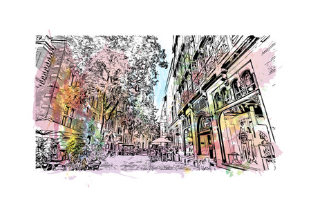 Building view with landmark of Oldenburg is a city in northwest Germany. Watercolor splash with hand drawn sketch illustration in vector.のイラスト素材