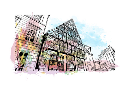 Building view with landmark of Oldenburg is a city in northwest Germany. Watercolor splash with hand drawn sketch illustration in vector.のイラスト素材