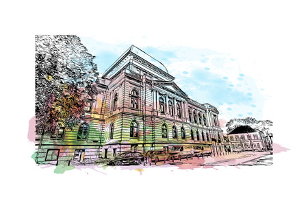 Building view with landmark of Oldenburg is a city in northwest Germany. Watercolor splash with hand drawn sketch illustration in vector.のイラスト素材