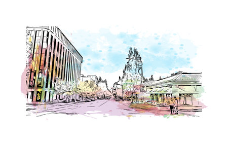 Building view with landmark of Olympia is the 
city in Washington State. Watercolor splash with hand drawn sketch illustration in vector.のイラスト素材