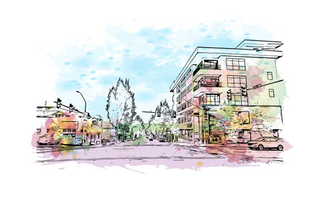 Building view with landmark of Olympia is the 
city in Washington State. Watercolor splash with hand drawn sketch illustration in vector.のイラスト素材