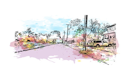 Building view with landmark of Omaha is the 
city in Nebraska. Watercolor splash with hand drawn sketch illustration in vector.のイラスト素材