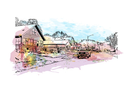 Building view with landmark of Omaha is the 
city in Nebraska. Watercolor splash with hand drawn sketch illustration in vector.のイラスト素材