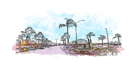 Building view with landmark of Oranjestad is the 
capital of Aruba. Watercolor splash with hand drawn sketch illustration in vector.のイラスト素材