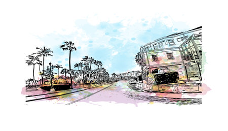 Building view with landmark of Oranjestad is the 
capital of Aruba. Watercolor splash with hand drawn sketch illustration in vector.のイラスト素材