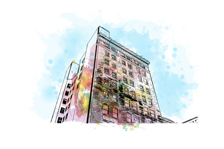 Building view with landmark of Orlando is the 
city in Florida. Watercolor splash with hand drawn sketch illustration in vector.のイラスト素材
