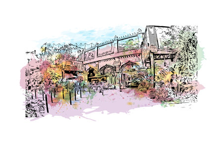 Building view with landmark of Orlando is the 
city in Florida. Watercolor splash with hand drawn sketch illustration in vector.のイラスト素材